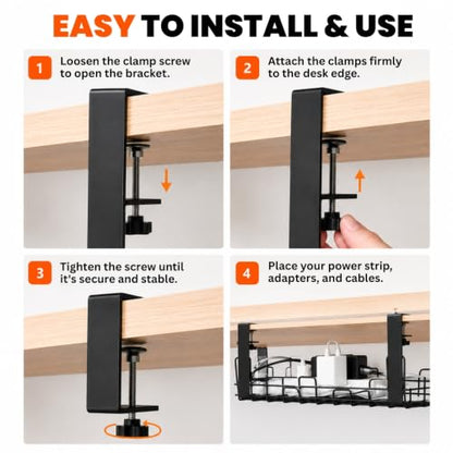 Under Desk Cable Management Tray 2 Pack, No Drill Metal Cord Organizer Box with Clamp Mount, Wire Management Rack for Standing Desk, Home Office & Gaming PC Setup, Black, 12.9 x 4.9 in