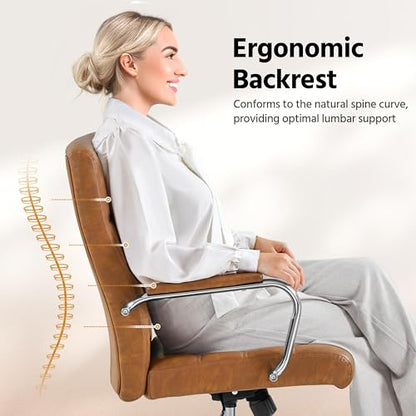 Yaheetech Retro Brown Office Chair PU Leather Rocking Desk Seat with Arms | Foam-padded channel-stitched PU leather back supports desk hours; chrome frame rocks, adjusts in height, rolls on casters. - color: Retro Brown