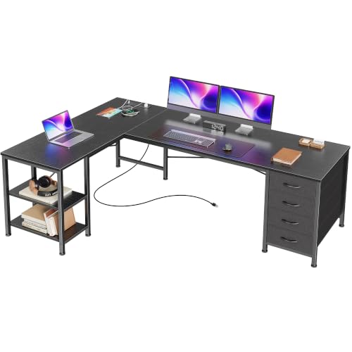 Huuger 55 Inch L Shaped Desk with Fabric Drawers, Reversible Computer Gaming Desk with Power Outlets and USB-C Port, Adjustable Side Storage Shelves, for Work Study Corner Home Office, Black - color: Black, size: 55 inch