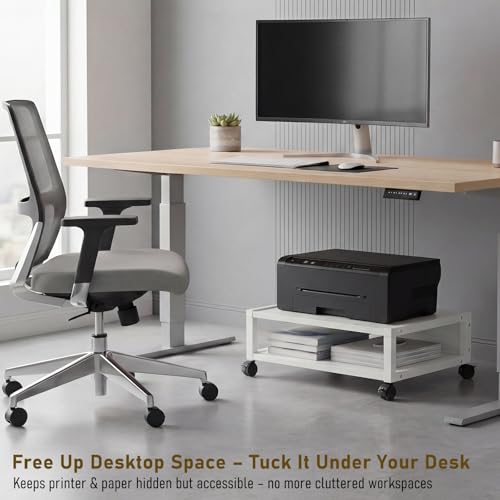 Zonon 2 Tier Printer Stand Under Desk with Wheels, Open Shelf, White - color: White