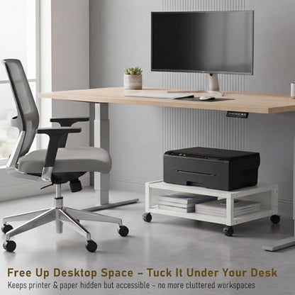 Zonon 2 Tier Printer Stand Under Desk with Wheels, Open Shelf, White - color: White