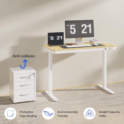 FLEXISPOT Comhar 48" Electric Standing Desk with Drawers, USB Charging Ports, Quick Assembly, Height Adjustable Sit Stand Computer Desk with Child Lock for Scandinavian Home Office, Maple - size: 48"Maple/White
