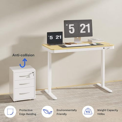 FLEXISPOT Comhar 48" Electric Standing Desk with Drawers, USB Charging Ports, Quick Assembly, Height Adjustable Sit Stand Computer Desk with Child Lock for Scandinavian Home Office, Maple - size: 48"Maple/White