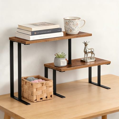 Desk Shelf Desktop Organizer 2 Tier Wood Small Storage Shelf Multi-Purpose Desktop Bookshelf Rotating Desk Stand Storage Organizers for Top of Desk Home Office Kitchen Bedroom