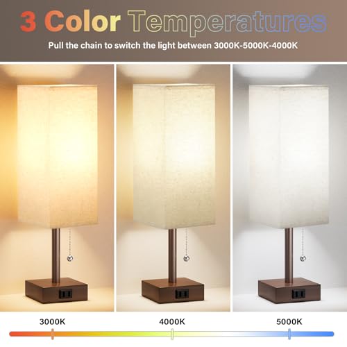Bedside Lamp for Bedroom Set of 2 - Table Desk Lamp for Nightstand | AC Outlet, 3 Color Temperatures, LED Bulb Included, Pull Chain Design, 14" Rectangular Desk Lamp for Dorm/Office, 2-Pack - color: Beige & Brown, size: 14.3In
