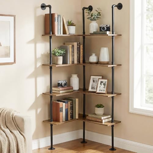 Industrial Pipe Corner Bookshelf, Wall Ladder Shelves/Shelving/Bookcase | 4 Tiers Wood Floating Shelf, Heavy Duty L Shaped Metal Pantry Shelving Rack for Living Room, Bedroom, Home, Office, Kitchen