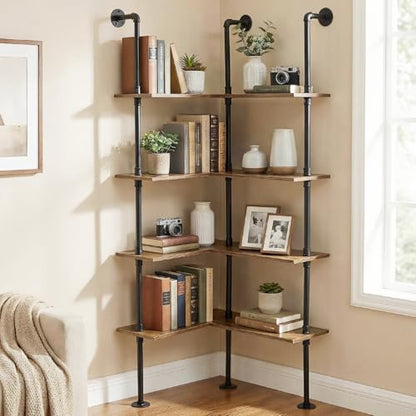 Industrial Pipe Corner Bookshelf, Wall Ladder Shelves/Shelving/Bookcase | 4 Tiers Wood Floating Shelf, Heavy Duty L Shaped Metal Pantry Shelving Rack for Living Room, Bedroom, Home, Office, Kitchen