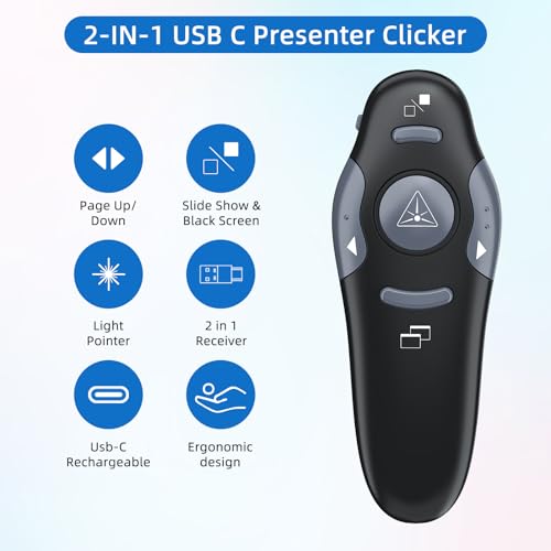Presentation Clicker with Storage Case, Rechargeable 2-in-1 USB-A & USB-C | Protective Storage Case, 2-in-1 USB-A & USB-C Receiver, Plug & Play, 50FT Range, PowerPoint, Keynote, Mac & Windows - style: Red Light+Case