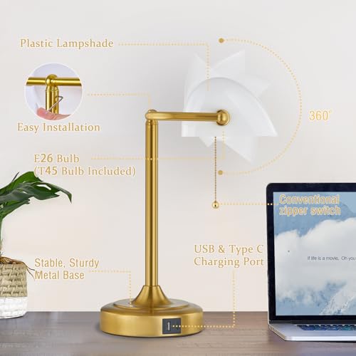 Vintage Desk Lamp Bankers Lamp - Plastic Lampshade Retro Table Lamp with USB & Type C Charging Ports Traditional Library Lamp for Home Office Nightstand Bedroom Side Table Lamp(T45 Bulb Included) - color: Gold