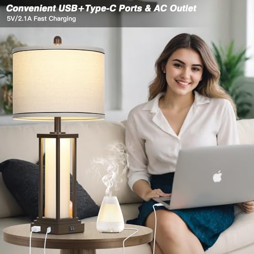 Cinkeda 27" Tall Vintage Table Lamps with USB C+A & Outlet,Brown End Table Lamp Set of 2 for Living Room,Rustic Bedside Lamps with Frosted Glass Night Light for Bedroom Nightstand,Oil-Rubbed Bronze - color: Oil-Rubbed Bronze
