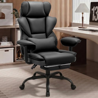 ALLGOD Office Desk Chair, Big and Tall Executive Chair with Lumbar Support, High Back Computer Gaming Chair, PU Leather with Pocket Spring Cushion, Adjustable Armrests and Footrest, Black - color: Black
