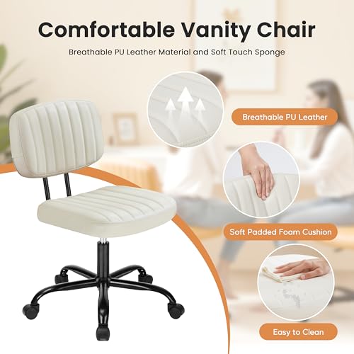 YSSOA Small Office Desk Chair Comfy Computer Chair with Ergonomic Low Back Lumbar Support, Height Adjustable Armless PU Leather Vanity Stool 360° Swivel Rolling Chair for Home Bedroom, White - color: White