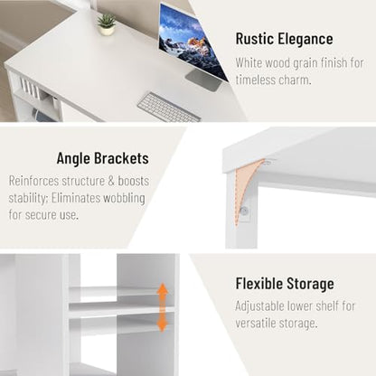 EXCEFUR White Computer Desk with Storage Shelves, Modern Home Office Desk, Reversible Wood and Metal Writing Study Table Workstations for Living Room Bedroom, 53 Inch - color: White