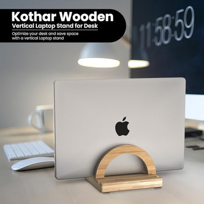 Kothar Premium Wood Vertical Laptop Stand - Adjustable Single Slot Bamboo Holder for MacBook, Dell, HP, and More | Space-Saving Desktop Organizer | Eco-Friendly, Sleek & Durable Design