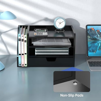 Multi-Tier Wood Desk File Organizer, 3 Tray Shelves & Adjustable Drawer - Space-Efficient Design for Efficient Office Setup, Reduces Desk Clutter (Black) - color: Black