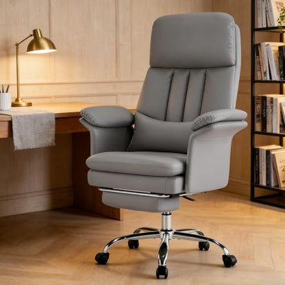 Comfortable Home Office Chair with Footrest 400lbs, Premium PU Leather Office Chair with High Back Adjustable Lumbar Support Double-Layered Armrests,Reclining Chairs,Gray - color: Grey