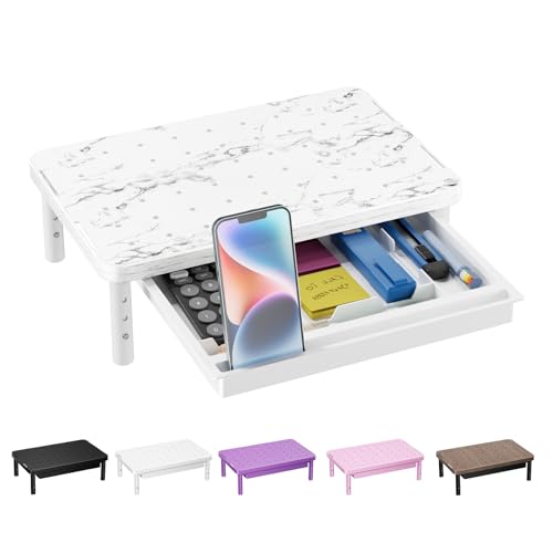 WALI Computer Monitor Stand with Storage, Monitor Riser 3 Height Adjustable | Laptop Riser with Airflow Vents, Desk Organizer for Computer, Printer, Notebook (PTT002-M), 1 Pack, Marble - color: Marble, size: 14.6"L * 9.3"W,11" 1 Drawer
