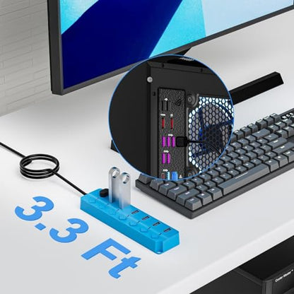 USB Hub 7 Port, USB Splitter with Individual On/Off Switches and Lights - color: Blue