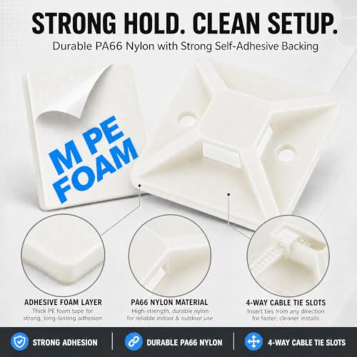 100 Pack Cable Tie Mounts with 6 Inch Zip Ties, Self Adhesive - color: White