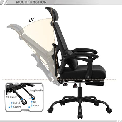 Qulomvs Ergonomic Office Chair with Footrest Home Office Desk Chair with Headrest and Backrest Adjustable Mesh Computer Desk Chair with Wheels 360 Swivel Task Chair - color: Black(upgrade Comfort With Pillow)