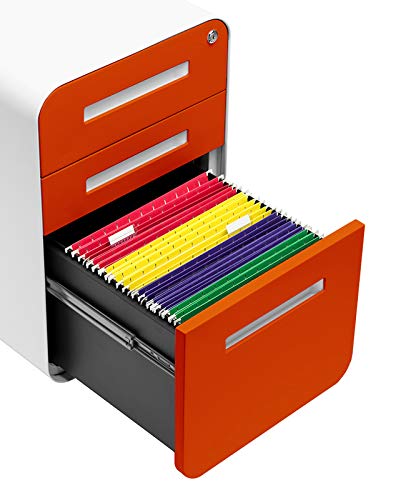 Laura Davidson Furniture Stockpile 3 Drawer File Cabinet with Lock - Under Office Desk Metal Filing Cabinet, Legal/Letter File Folders, Wheels and Stationary Feet, Pre-Assembled, Orange Faceplate - color: Orange Faceplate