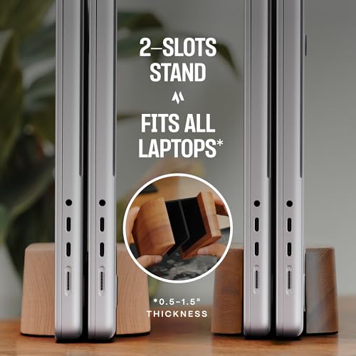 COREMINDED Adjustable Dual Vertical Laptop Stand for Desk, Wooden Laptop Holder, MacBook Pro Stand, Wood Mac Air Dock - color: Solid Oak, size: Dual Slot