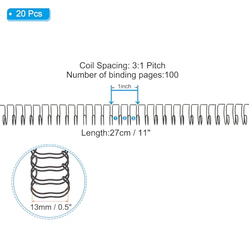 PATIKIL 13mm (1/2") Double Loop Wire Binding Combs, 20 Pcs Metal Twin Loop Binding Coils 100 Sheet Capacity 3:1 Pitch 32 Ring Binding Spines, Black