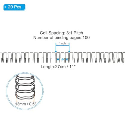 PATIKIL 13mm (1/2") Double Loop Wire Binding Combs, 20 Pcs Metal Twin Loop Binding Coils 100 Sheet Capacity 3:1 Pitch 32 Ring Binding Spines, Black