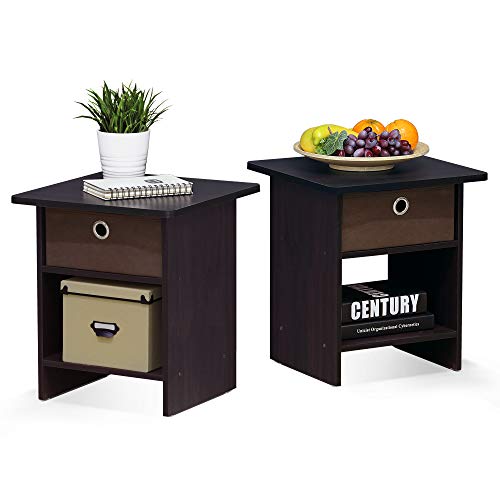Furinno Dario End Table / Side Table / Night Stand / Bedside Table with Bin Drawer, 2-Pack, Dark Walnut | with Storage Bin, Round Corner Night Stand, Bedside Table with Open Back Shelf, for Living Room, Bedroom - color: Dark Walnut, size: 2-Pack, Upper Bi