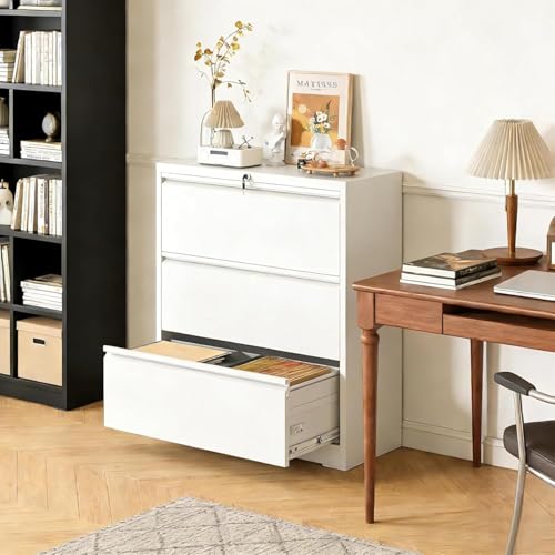 Industrial 36" W Premium Lateral File Cabinet with Lock, Metal Filing Cabinets, Adjustable Hangrails for A4, Legal, Letter Files, White - color: White, size: W36" - 3 Drawers