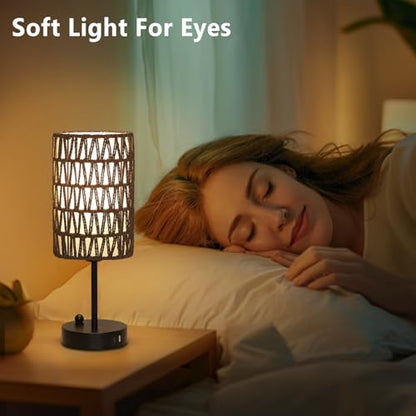 Gray Bedside Lamps Set of 2, Touch Control Night Stand Lamp for Bedroom with Rattan & Linen Shade & Bulbs, 3 Way Dimmable Small Boho Table Lamps with USB Charging Port & Phone Stand - color: Gray-2pack