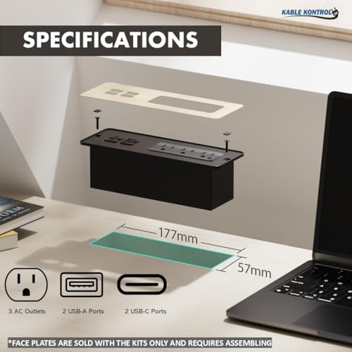 Kable Kontrol Recessed Power Strip Kit with Fast Charging 2 PD65W USB-C Ports, 2 USB-A Ports, 3 Power Desk Outlets, Replaceable Wooden Finish Panel Plate Flush Mount Charging Station Grommet - 20 Pcs - color: Black With Wooden Finish Plate, size: 20