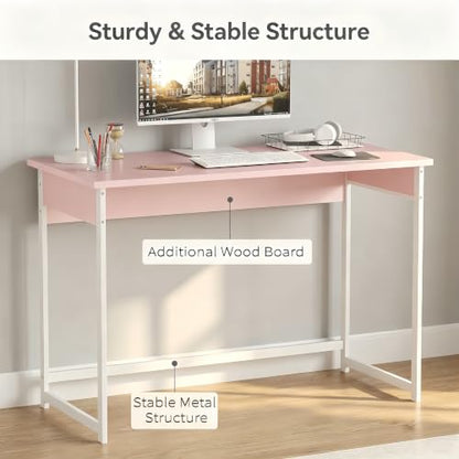 ALISENED Home Office Desk, Sturdy and Stable Computer Desk, 43.3 Inch Computer Desk, Office Desk with Metal Frame, Study Table for Home Bedroom, Pink - color: Pink, size: W-43.3in