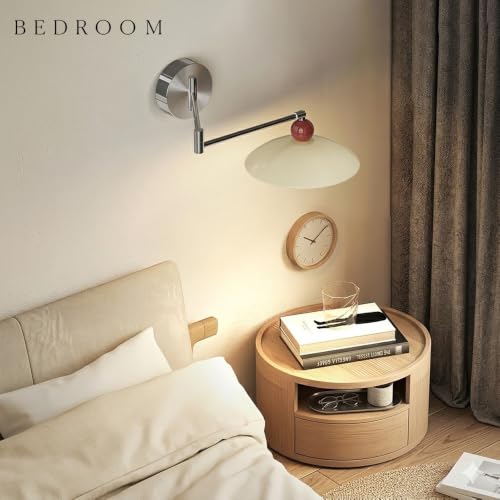 Nordic Chrome Swing Arm Wall Sconce, Modern Cream Dome Wall Mounted Lamp Silver Wall Lighting Fixture with Red Ball Accent for Bedroom Home Office