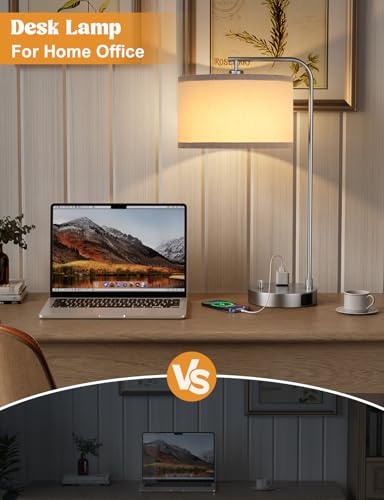 Innqoo Gray Side Table Lamp with USB Port and Outlet, Dimmable Nightstand Bedside Lamps with Linen Lampshade, Desk Lamp for Bedroom, Living Room, Guest Room, Home Office, LED Bulb Included - color: Silver