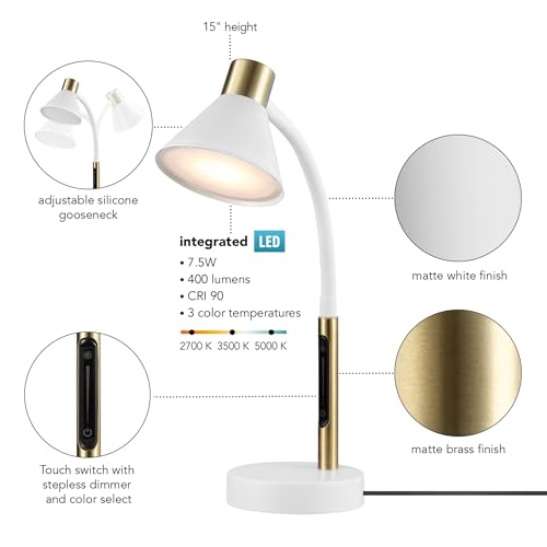 Globe Electric 15" LED Integrated Matte White Desk Lamp with Matte Brass Accent and Adjustable Silicone Gooseneck - color: Matte White, Albert