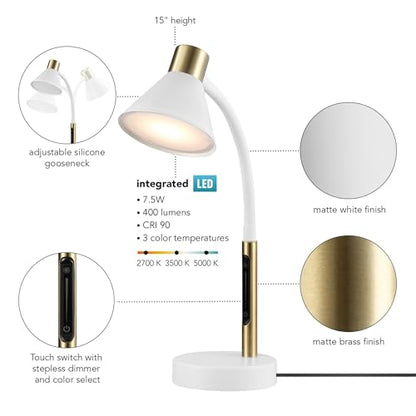 Globe Electric 15" LED Integrated Matte White Desk Lamp with Matte Brass Accent and Adjustable Silicone Gooseneck - color: Matte White, Albert