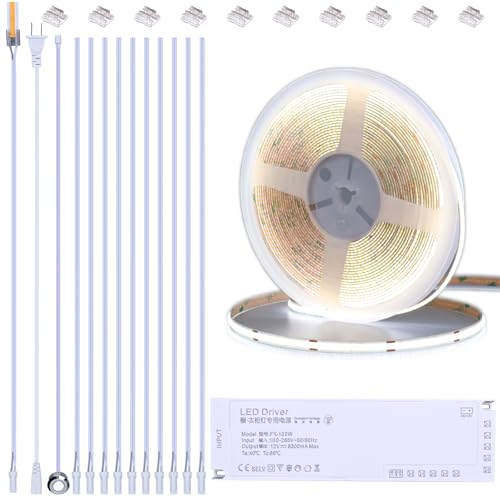 BENLUN 12V COB LED Under Cabinet Strip Lighting Cuttable 32.8ft for Kitchen | 6000K Cool White LED Strip Lights Dimmable Adhesive 8W/M CRI 93 with Dimmer and Power Supply for Bookcase Shelf Display - color: Cool White