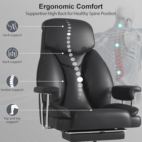 Big and Tall Office Chair, Executive Home Office Desk Chair, Comfy Leather High-Back Reclining Computer Chair with Retractable Footrest and Padded Arms, 360°Swivel Rolling Wheels, Wide Seat, Black - color: Black