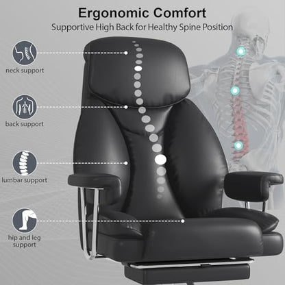 Big and Tall Office Chair, Executive Home Office Desk Chair, Comfy Leather High-Back Reclining Computer Chair with Retractable Footrest and Padded Arms, 360°Swivel Rolling Wheels, Wide Seat, Black - color: Black