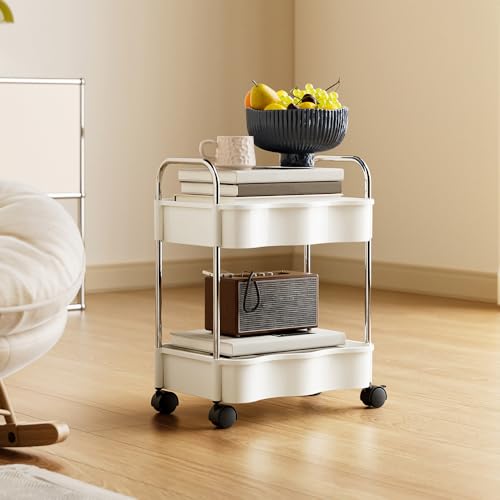 2 Tier Utility Rolling Cart with Wheels Under Desk Storage Cart Organizer with Handle for Home Kitchen Bathroom Office Organization White - color: White