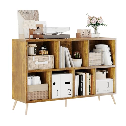 7-Cube Storage Organizer with Natural Wood Legs, Mid-Century Modern Bookcase and Display Cabinet, Freestanding Toy Storage Bookshelf for Living Room, Kids Room and Bedroom, Rustic Brown - color: Rustic Brown, size: 7-Cube
