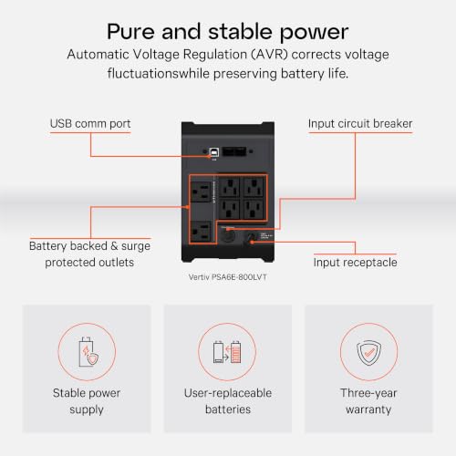 Vertiv Liebert PowerUPS 200 Essential PSA6E-800LVT UPS 800VA/450W USB C+A - size: 800VA/450W