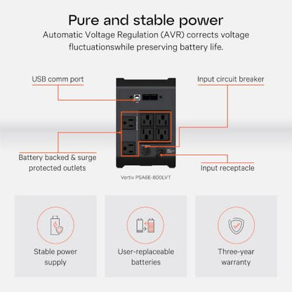 Vertiv Liebert PowerUPS 200 Essential PSA6E-800LVT UPS 800VA/450W USB C+A - size: 800VA/450W