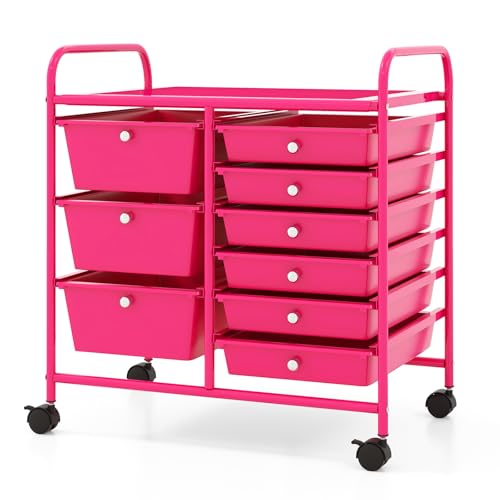 COSTWAY Rolling Storage Cart with 9 Drawer, Utility Cart with Metal Frame | Mobile Art Supply Craft Organizer, Multipurpose Storage Organizer for Paper, Office, School Teacher, Classroom, Hot Pink - color: Hot Pink, size: 9 Drawer