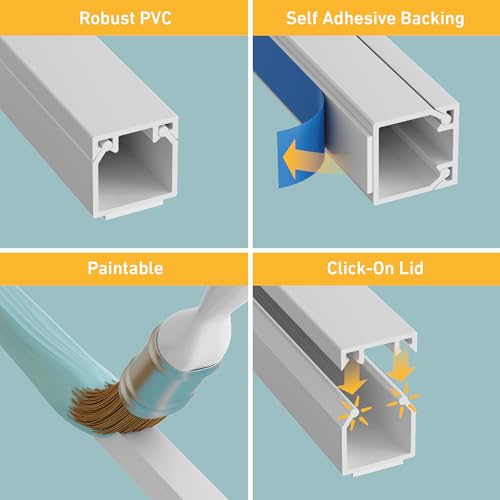 D-Line 32.8ft Cable Raceway, Self Adhesive Cord Cover, Hide Surface Wires, Paintable - 10x 0.63in (W) x 0.63in (H) x 39in Lengths - White - size: 10-Pack
