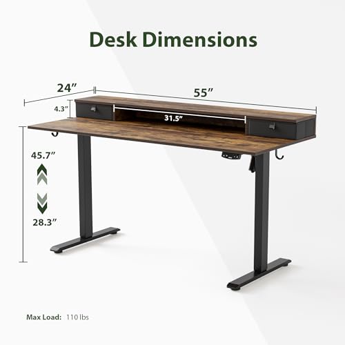 Agilestic 55 * 24 Inch Electric Standing Desk with Drawers, Rustic Brown - color: Rustic Brown, size: 55 x 24 Inches with 2 drawers