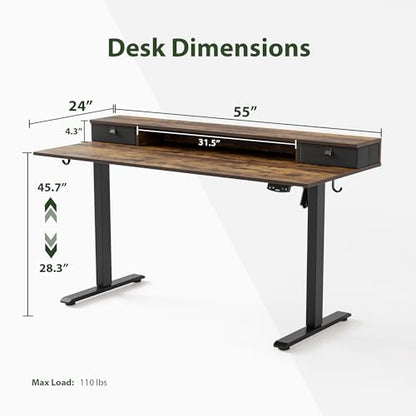 Agilestic 55 * 24 Inch Electric Standing Desk with Drawers, Rustic Brown - color: Rustic Brown, size: 55 x 24 Inches with 2 drawers