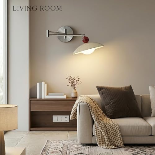 Nordic Chrome Swing Arm Wall Sconce, Modern Cream Dome Wall Mounted Lamp Silver Wall Lighting Fixture with Red Ball Accent for Bedroom Home Office