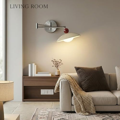 Nordic Chrome Swing Arm Wall Sconce, Modern Cream Dome Wall Mounted Lamp Silver Wall Lighting Fixture with Red Ball Accent for Bedroom Home Office